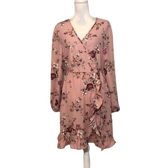 NWOT Pink Floral Faux Wrap Long Sleeve Dress New - Picture 13 of 16